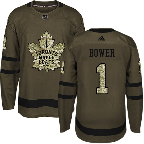 Adidas Maple Leafs #1 Johnny Bower Green Salute to Service Stitched NHL Jersey - Click Image to Close